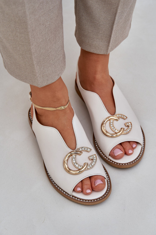 Leather Sandals On A Flat Heel With Decoration Light Beige Laura Messi 2865 Leather Sandals On A Flat Heel With Decoration Light Beige Laura Messi 2865