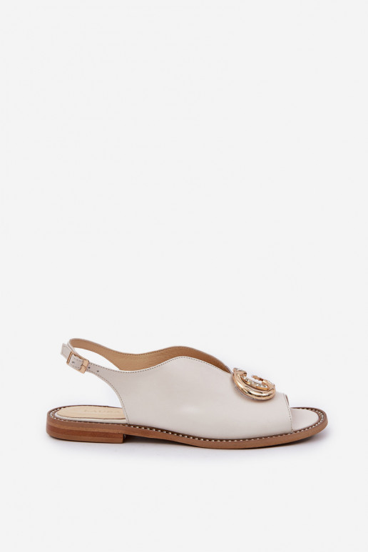 Leather Sandals On A Flat Heel With Decoration Light Beige Laura Messi 2865 Leather Sandals On A Flat Heel With Decoration Light Beige Laura Messi 2865