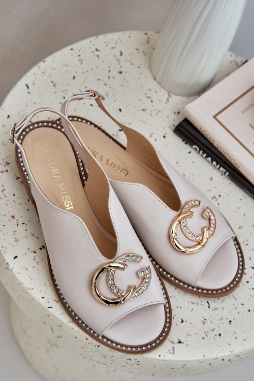 Leather Sandals On A Flat Heel With Decoration Light Beige Laura Messi 2865 Leather Sandals On A Flat Heel With Decoration Light Beige Laura Messi 2865