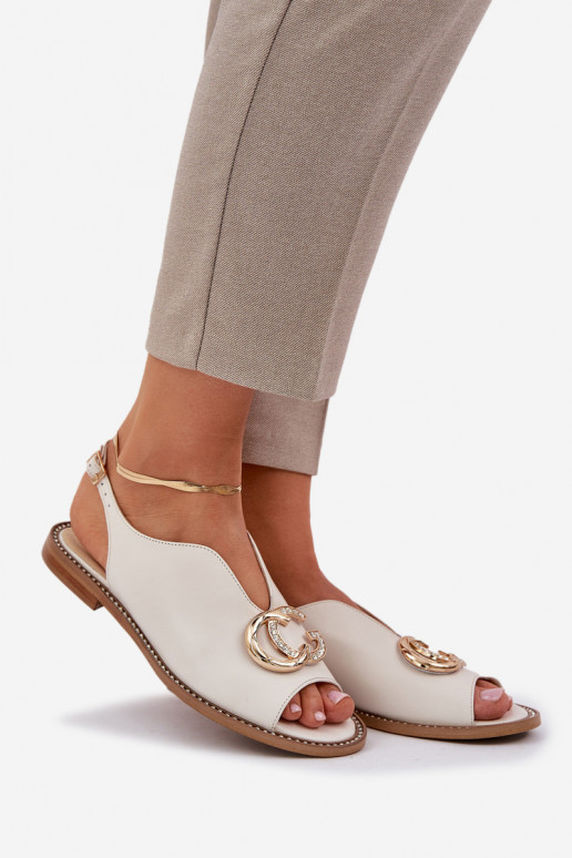 Leather Sandals On A Flat Heel With Decoration Light Beige Laura Messi 2865 Leather Sandals On A Flat Heel With Decoration Light Beige Laura Messi 2865