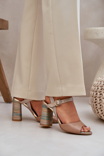 Leather Elegant Sandals On Heel Dark Beige Laura Messi 2136 2