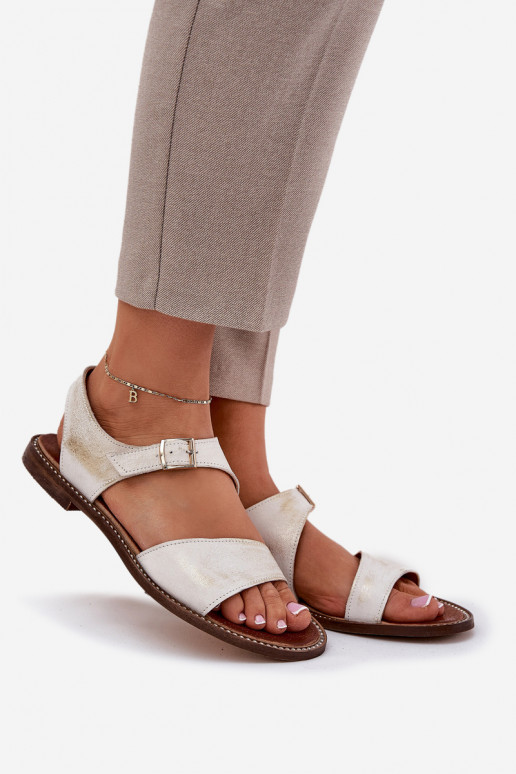 Skórzane Płaskie Sandały Damskie Zazoo 3014 Złoty Przecierany