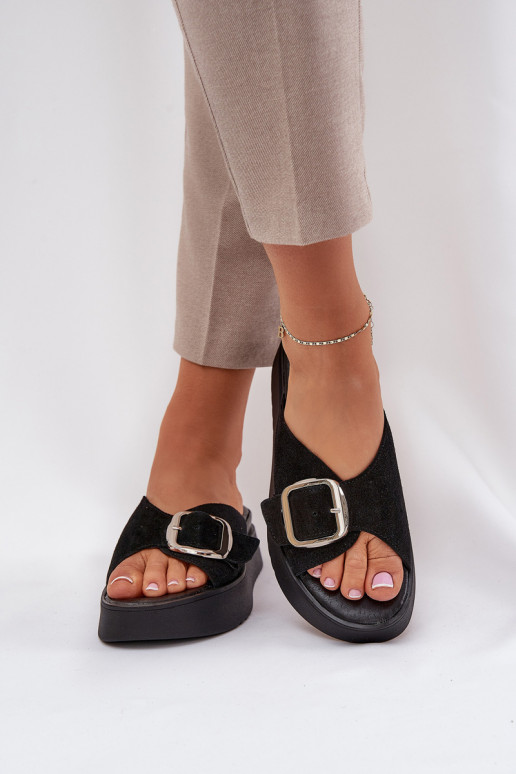 Women's Suede Slides With Buckle On Platform Black Zazoo 3019