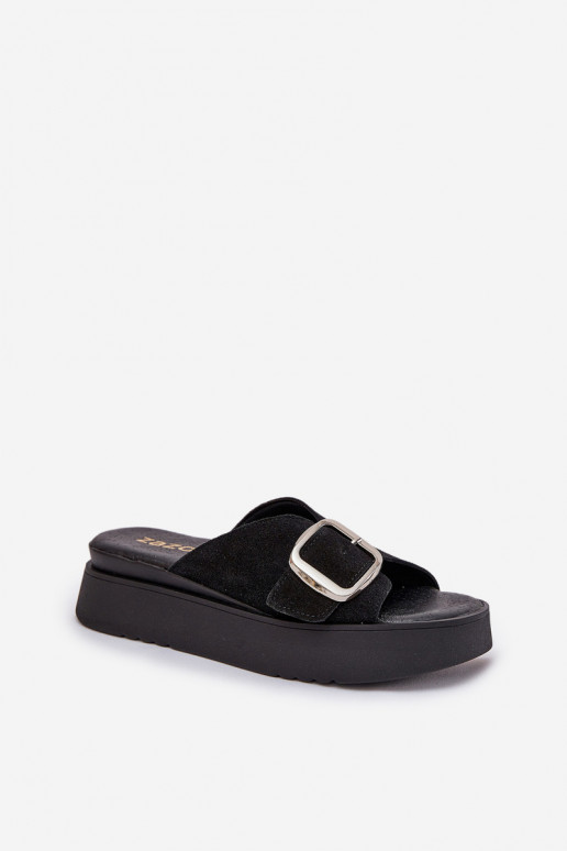 Women's Suede Slides With Buckle On Platform Black Zazoo 3019
