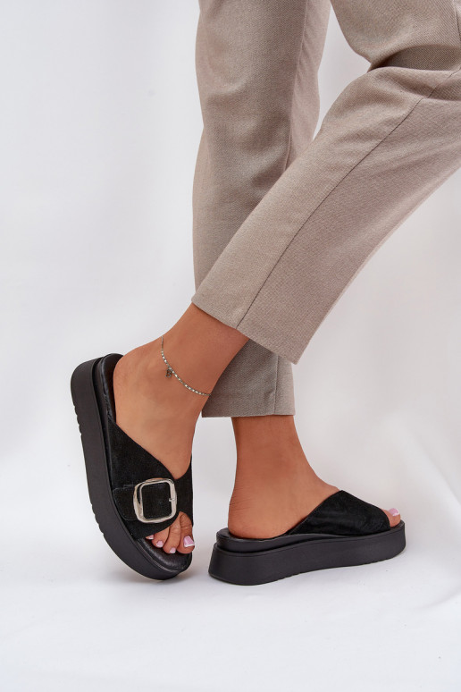 Women's Suede Slides With Buckle On Platform Black Zazoo 3019