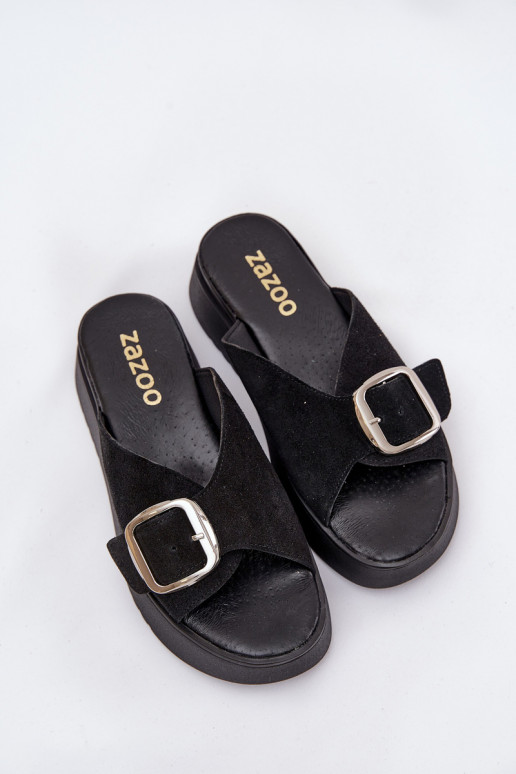Women's Suede Slides With Buckle On Platform Black Zazoo 3019