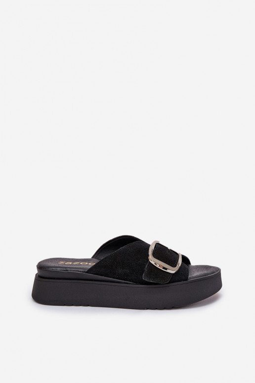 Women's Suede Slides With Buckle On Platform Black Zazoo 3019