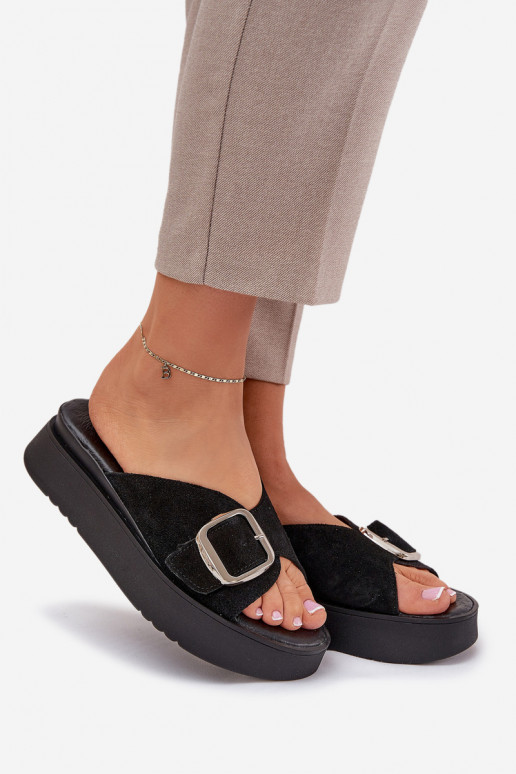 Women's Suede Slides With Buckle On Platform Black Zazoo 3019