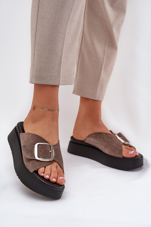 Women's Suede Slides With Buckle On Platform Brown Zazoo 3019