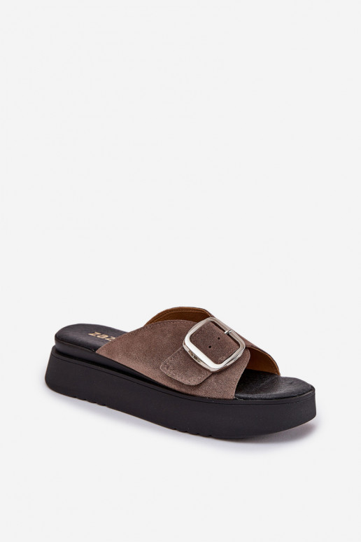 Women's Suede Slides With Buckle On Platform Brown Zazoo 3019