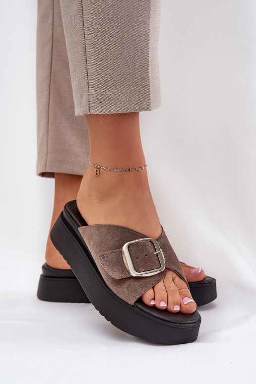 Women's Suede Slides With Buckle On Platform Brown Zazoo 3019