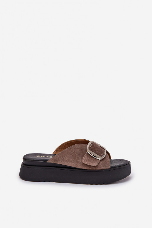 Women's Suede Slides With Buckle On Platform Brown Zazoo 3019