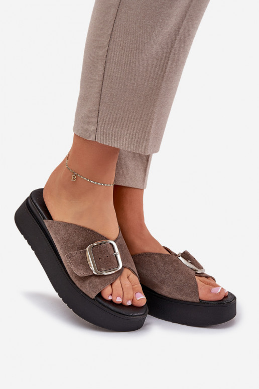 Women's Suede Slides With Buckle On Platform Brown Zazoo 3019