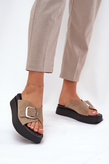 Ladies Suede Slippers With Buckle On Platform Beige Zazoo 3019 2