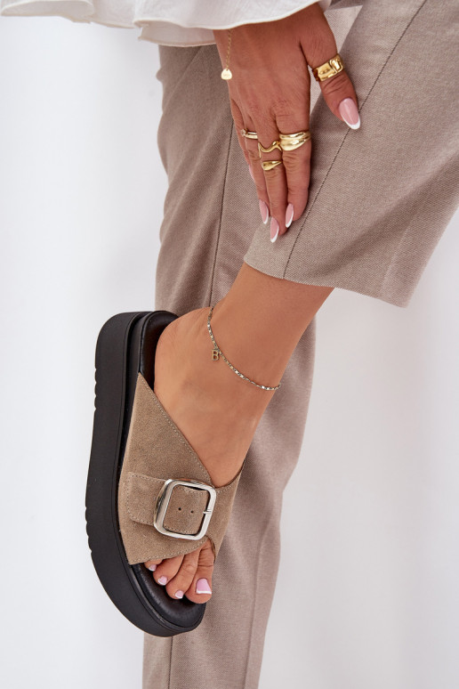 Ladies Suede Slippers With Buckle On Platform Beige Zazoo 3019