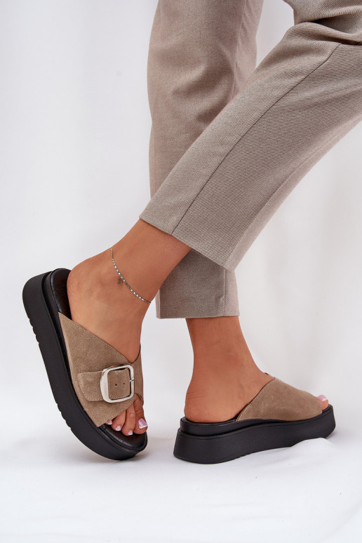 Ladies Suede Slippers With Buckle On Platform Beige Zazoo 3019