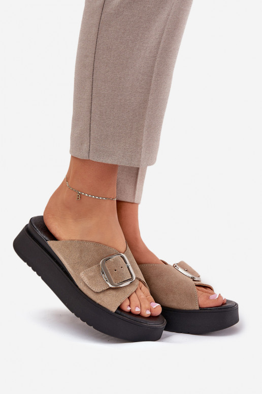Ladies Suede Slippers With Buckle On Platform Beige Zazoo 3019