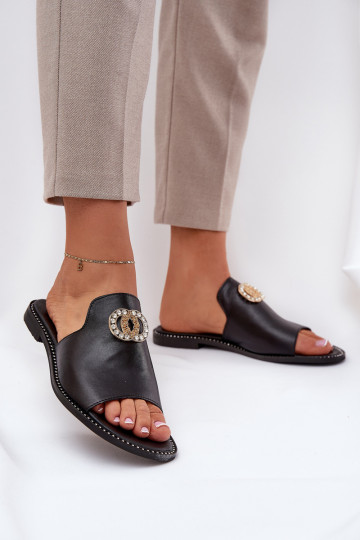 Elegant Women's Leather Slippers With Decoration Zazoo 3008 Black 2