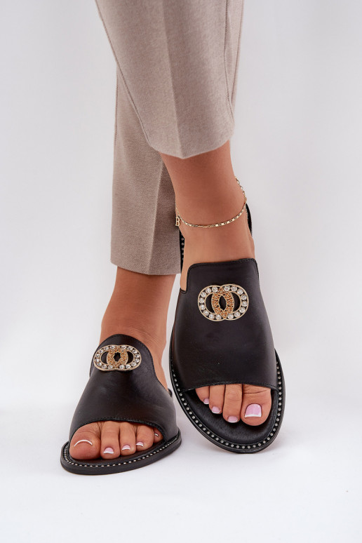 Elegant Women's Leather Slippers With Decoration Zazoo 3008 Black Elegant Women's Leather Slippers With Decoration Zazoo 3008 Black