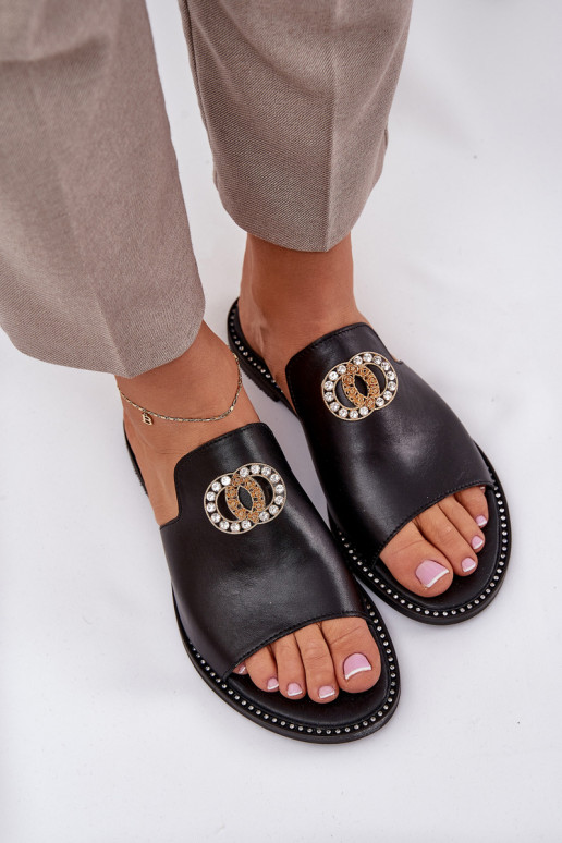 Elegant Women's Leather Slippers With Decoration Zazoo 3008 Black Elegant Women's Leather Slippers With Decoration Zazoo 3008 Black