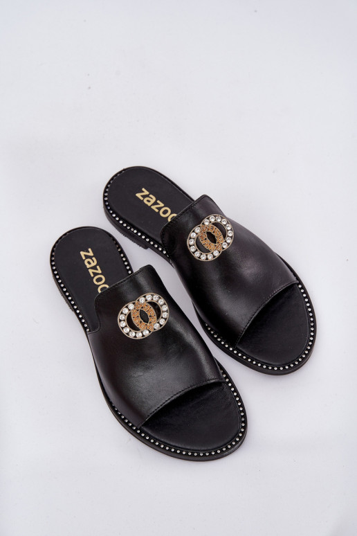 Elegant Women's Leather Slippers With Decoration Zazoo 3008 Black Elegant Women's Leather Slippers With Decoration Zazoo 3008 Black