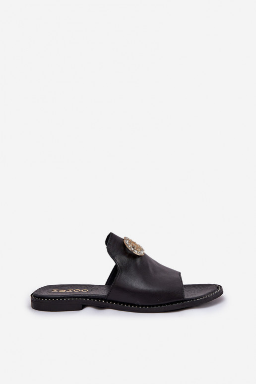 Elegant Women's Leather Slippers With Decoration Zazoo 3008 Black Elegant Women's Leather Slippers With Decoration Zazoo 3008 Black