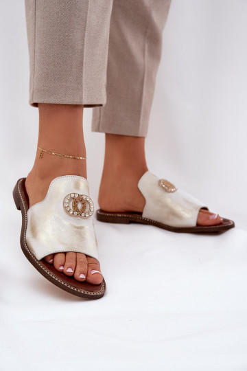 Elegant Ladies Leather Slippers With Decoration Zazoo 3008 Aged Gold 2