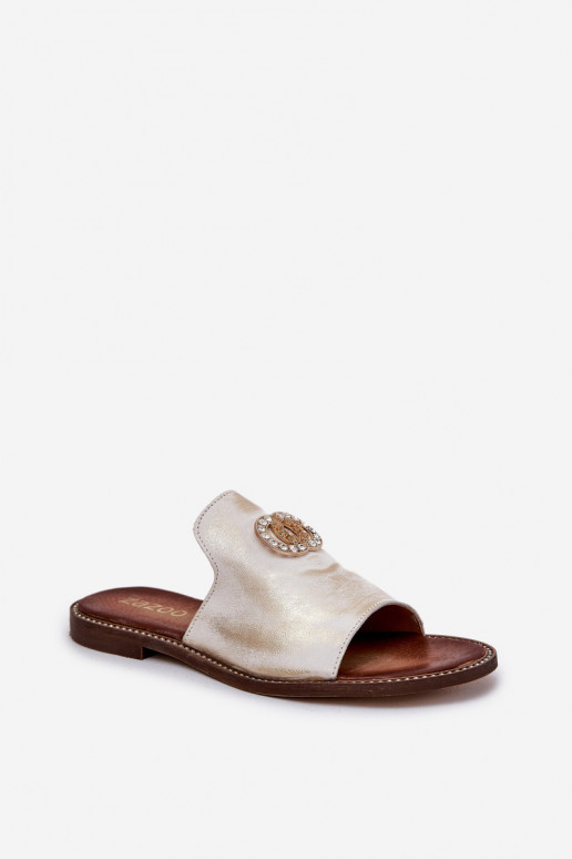 Elegant Ladies Leather Slippers With Decoration Zazoo 3008 Aged Gold Elegant Ladies Leather Slippers With Decoration Zazoo 3008 Aged Gold