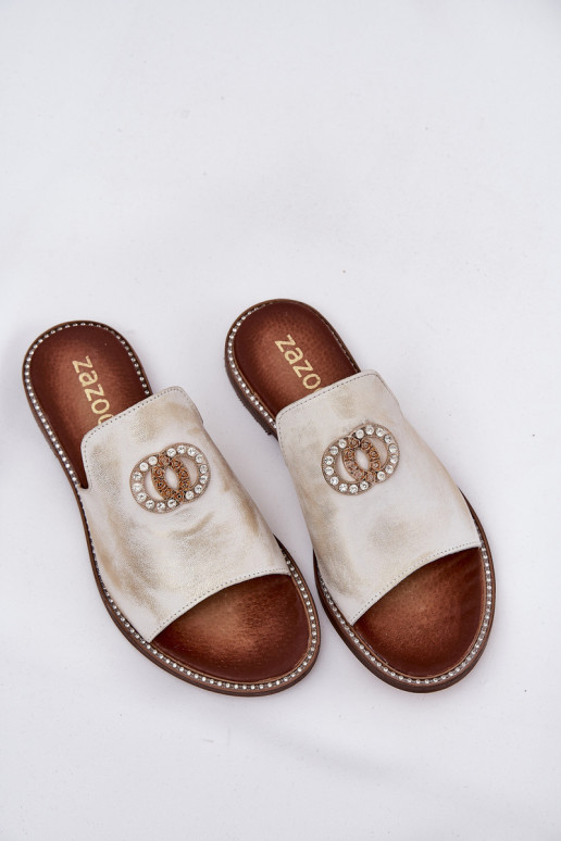 Elegant Ladies Leather Slippers With Decoration Zazoo 3008 Aged Gold Elegant Ladies Leather Slippers With Decoration Zazoo 3008 Aged Gold