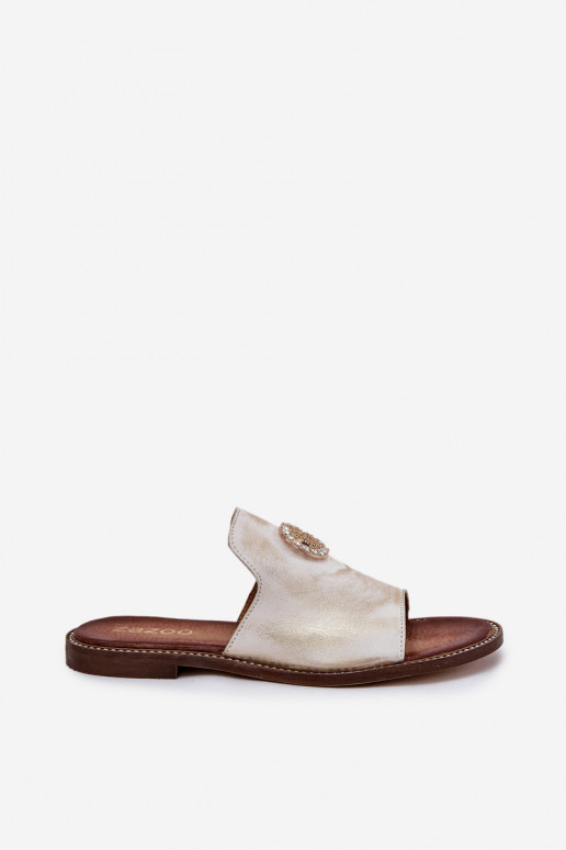 Elegant Ladies Leather Slippers With Decoration Zazoo 3008 Aged Gold Elegant Ladies Leather Slippers With Decoration Zazoo 3008 Aged Gold