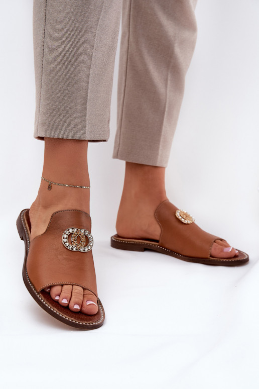 Elegant Women's Leather Slippers With Decoration Zazoo 3008 Camel Elegant Women's Leather Slippers With Decoration Zazoo 3008 Camel