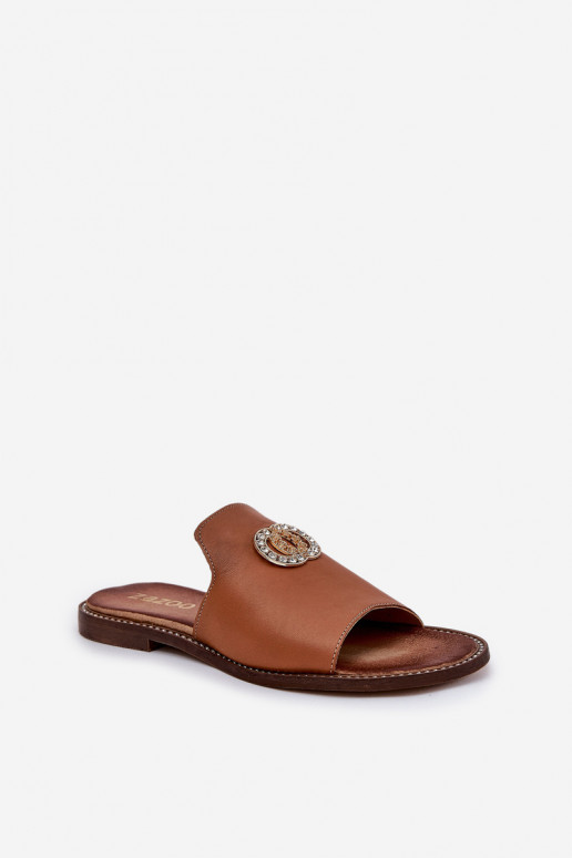 Eleganckie Skórzane Klapki DamskiewithOzdobą Zazoo 3008 Camel