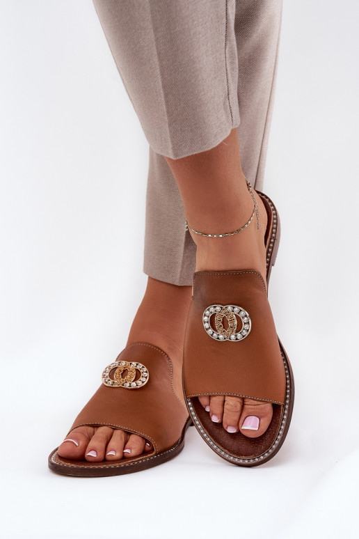 Eleganckie Skórzane Klapki DamskiewithOzdobą Zazoo 3008 Camel