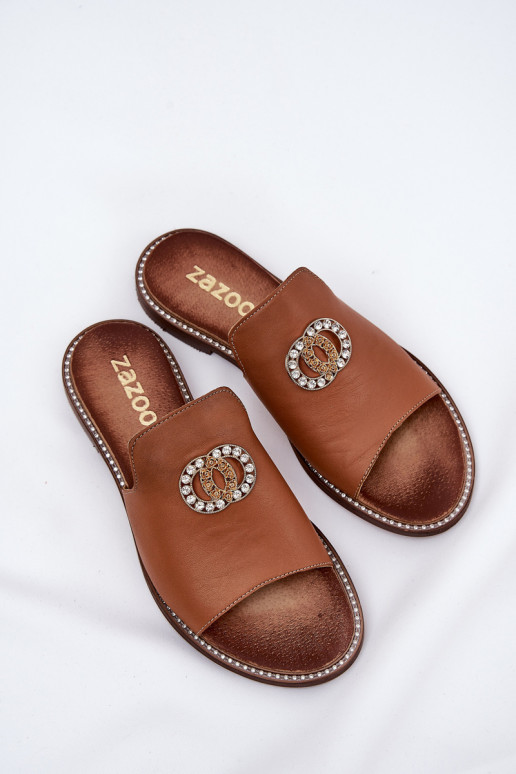 Elegant Women's Leather Slippers With Decoration Zazoo 3008 Camel Elegant Women's Leather Slippers With Decoration Zazoo 3008 Camel