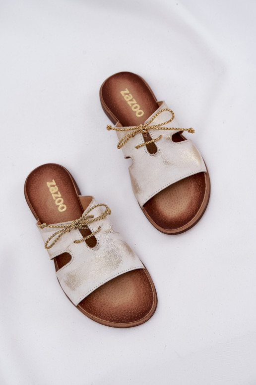 Ladies Leather Slippers On Flat Heel Zazoo 3022 Distressed Gold Ladies Leather Slippers On Flat Heel Zazoo 3022 Distressed Gold