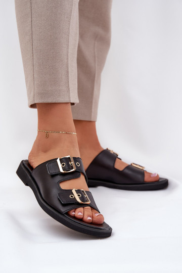 Leather Flat Sandals With Buckles Zazoo 3020 Black