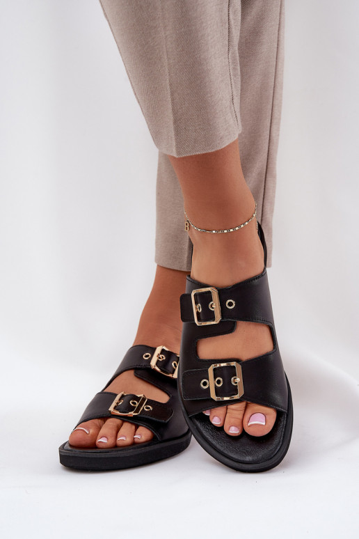 Leather Flat Sandals With Buckles Zazoo 3020 Black Leather Flat Sandals With Buckles Zazoo 3020 Black