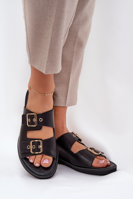 Leather Flat Sandals With Buckles Zazoo 3020 Black Leather Flat Sandals With Buckles Zazoo 3020 Black