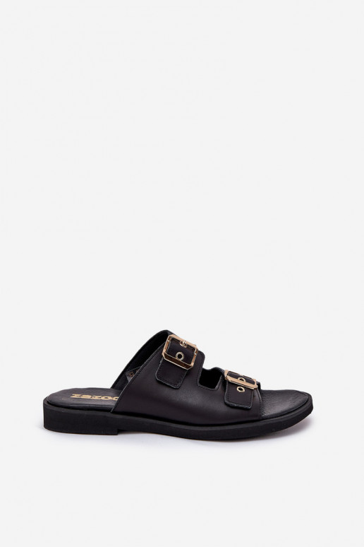 Leather Flat Sandals With Buckles Zazoo 3020 Black Leather Flat Sandals With Buckles Zazoo 3020 Black