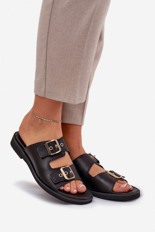 Leather Flat Sandals With Buckles Zazoo 3020 Black Leather Flat Sandals With Buckles Zazoo 3020 Black