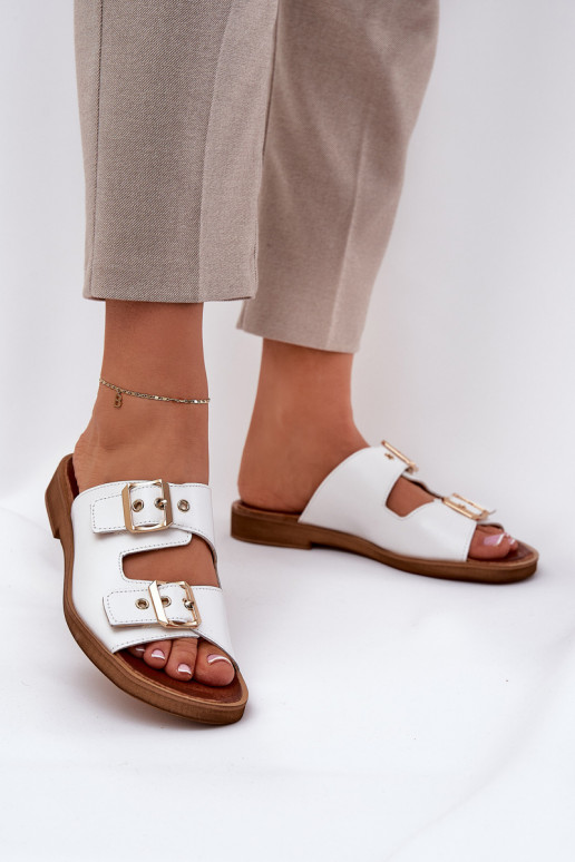 Leather Flat Sandals With Buckles White Zazoo 3020 Leather Flat Sandals With Buckles White Zazoo 3020