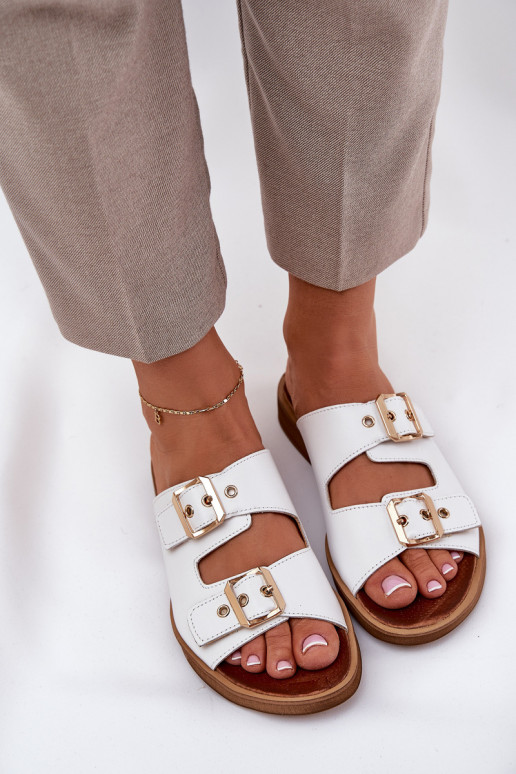 Leather Flat Sandals With Buckles White Zazoo 3020 Leather Flat Sandals With Buckles White Zazoo 3020