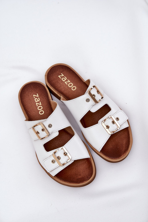 Leather Flat Sandals With Buckles White Zazoo 3020 Leather Flat Sandals With Buckles White Zazoo 3020