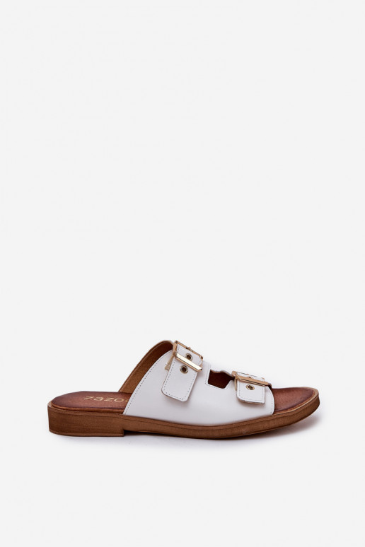 Leather Flat Sandals With Buckles White Zazoo 3020 Leather Flat Sandals With Buckles White Zazoo 3020