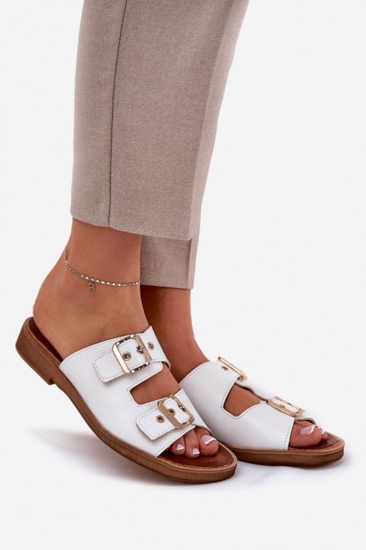 Skórzane Płaskie KlapkiwithKlamrami Zazoo 3020 Białe