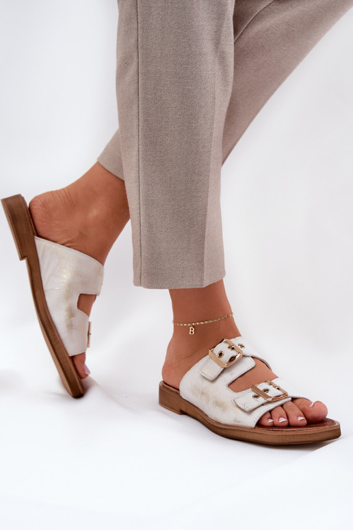 Leather Flat Sandals With Buckles Zazoo 3020 Worn Gold Leather Flat Sandals With Buckles Zazoo 3020 Worn Gold