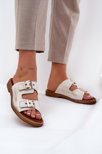 Leather Flat Sandals With Buckles Zazoo 3020 Worn Gold 2
