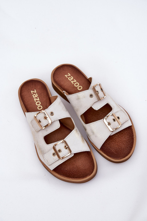 Leather Flat Sandals With Buckles Zazoo 3020 Worn Gold Leather Flat Sandals With Buckles Zazoo 3020 Worn Gold