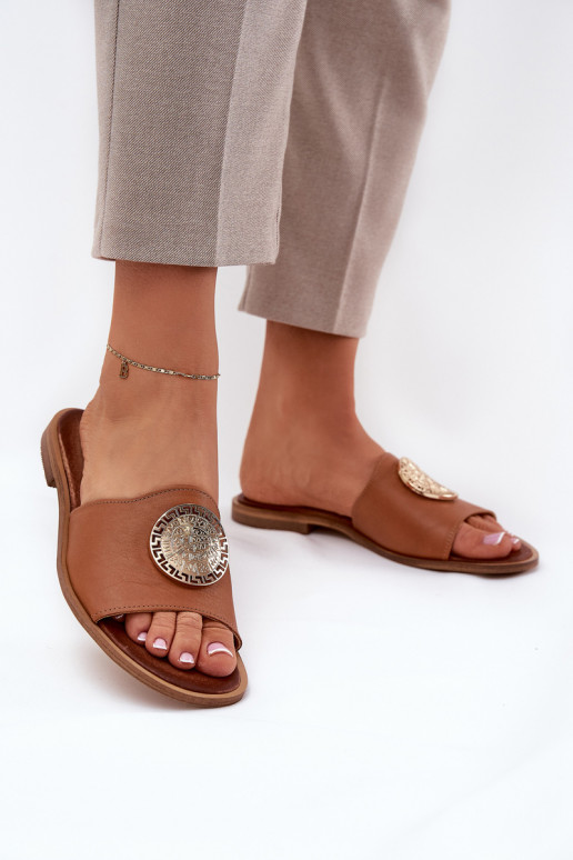 Zazoo 2938 Skórzane Klapki Na Płaskim ObcasiewithOzdobą Camel