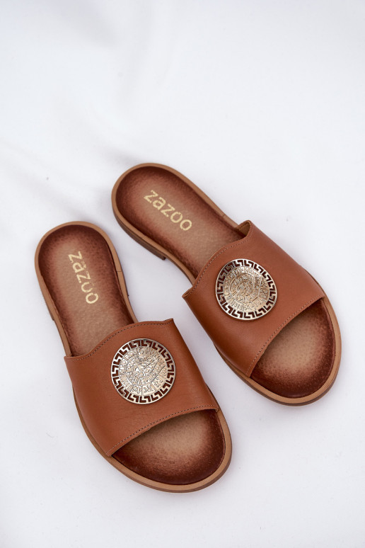Zazoo 2938 Leather Slippers With Flat Heel And Decoration Camel